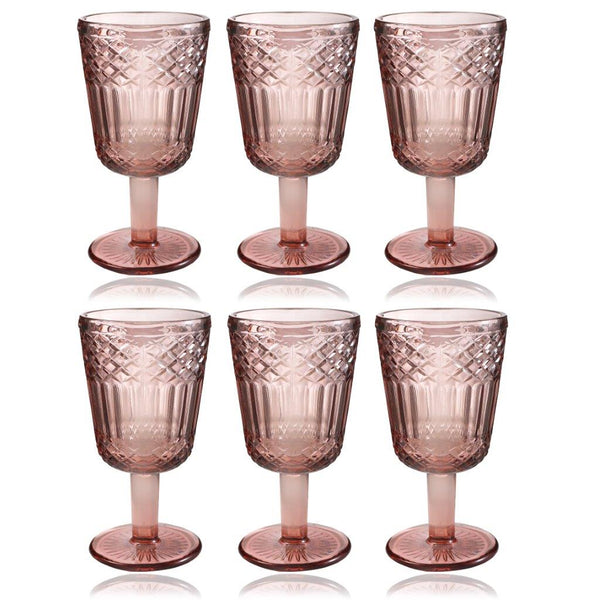 Multipurpose Vintage Retro Pink Rose Footed Glass Tmblers Set of 6 Pcs 300 ml