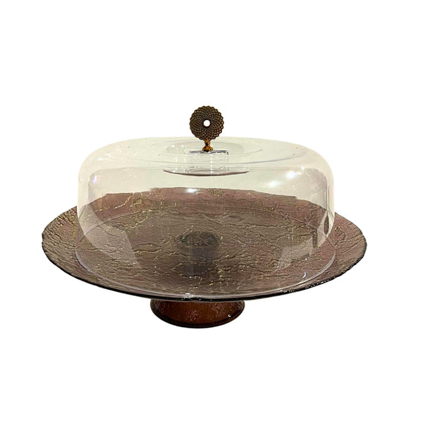 Glasscom Matte Brown Abstract Art Cake Server Tray with Footed Stand with Lid 33 cm