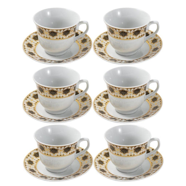 Ceramic Tea Cup and Saucer Set of 6 Pcs Gold Abstract Design 220 ml