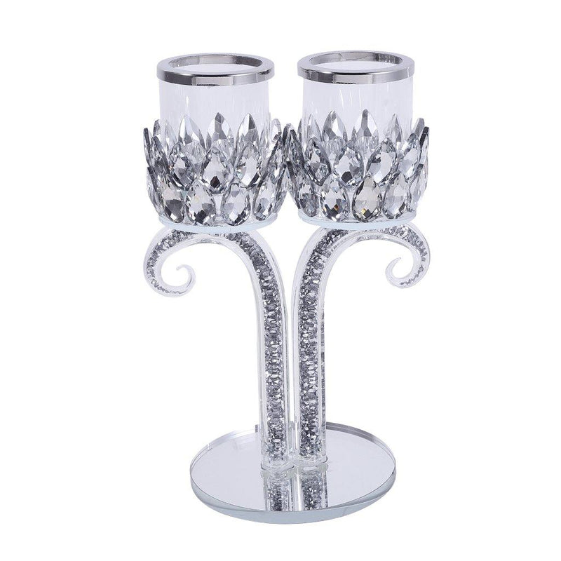 Home Decor Crystal Glass Satin Silver Table Top Candleholder 2 Arms 24*14 cm