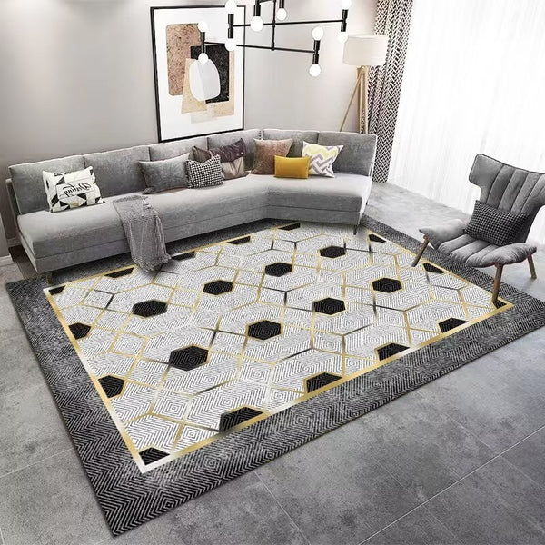 Contemporary Geometric Textured Machine Woven Indoor Area Rug Carpet Silver Black with Grey Border 160*230 cm