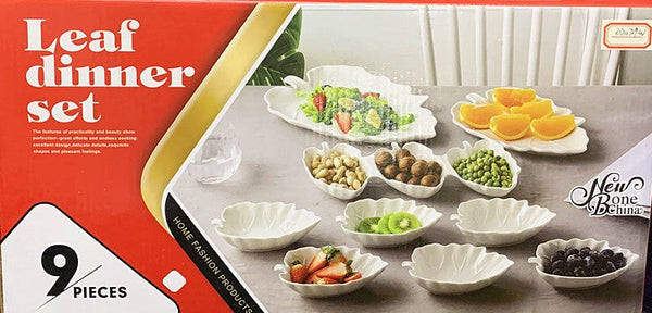 White Ceramic Serving Leaf Plate with Dips and Nut Bowl Set of 9 Pcs