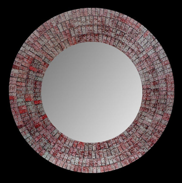 Decorative Handcrafted Glass Tiles Brushed Red Abstract Round Mosaic Wall Mirror Diameter 60 cm