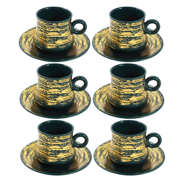 Ceramic Tea and Coffee Cup and Saucer Set of 6 pcs Turquoise Gold Abstract Design 100 ml