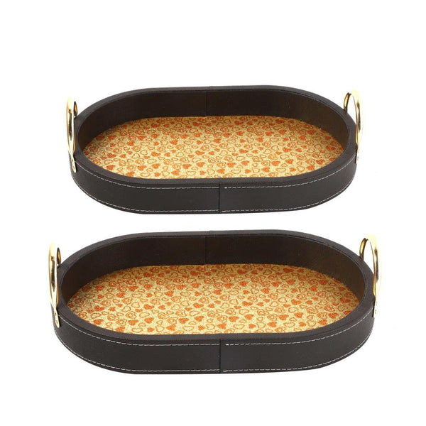 Set of 2 Deco Leather Oval Serving Trays with Metal Handles - Elegant Home Decor and Serving Essentials