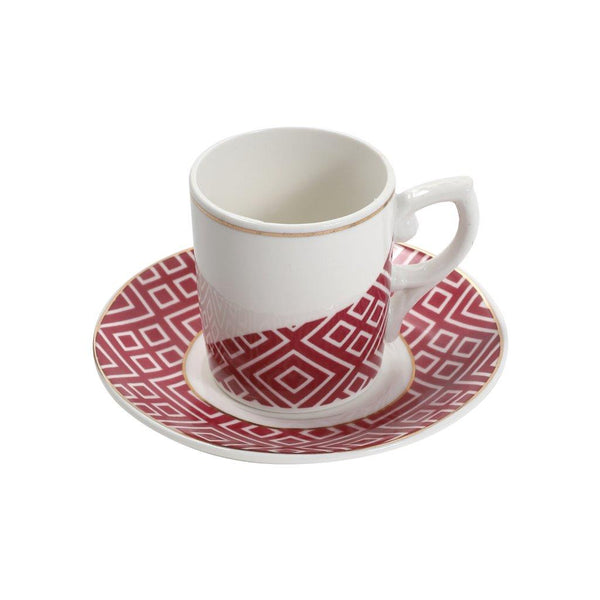 Ceramic Coffee Cup and Saucer Set White and Red 6 Pcs Abstract Print Design Set 100 ml
