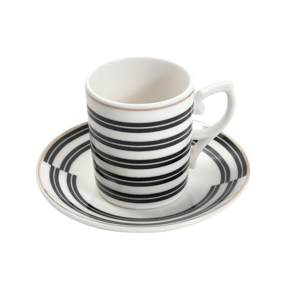 Ceramic Coffee Cup and Saucer Set Black and White 6 Pcs Abstract Print Design Set 90 ml