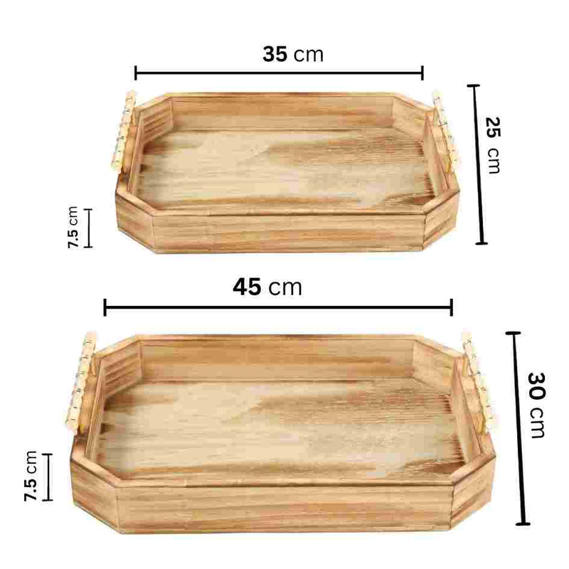 Deco Timber Pattern Rectangle Serving Tray Set of 2 Pcs Metal Handles 45*30*7.5/35*25*7.5 cm