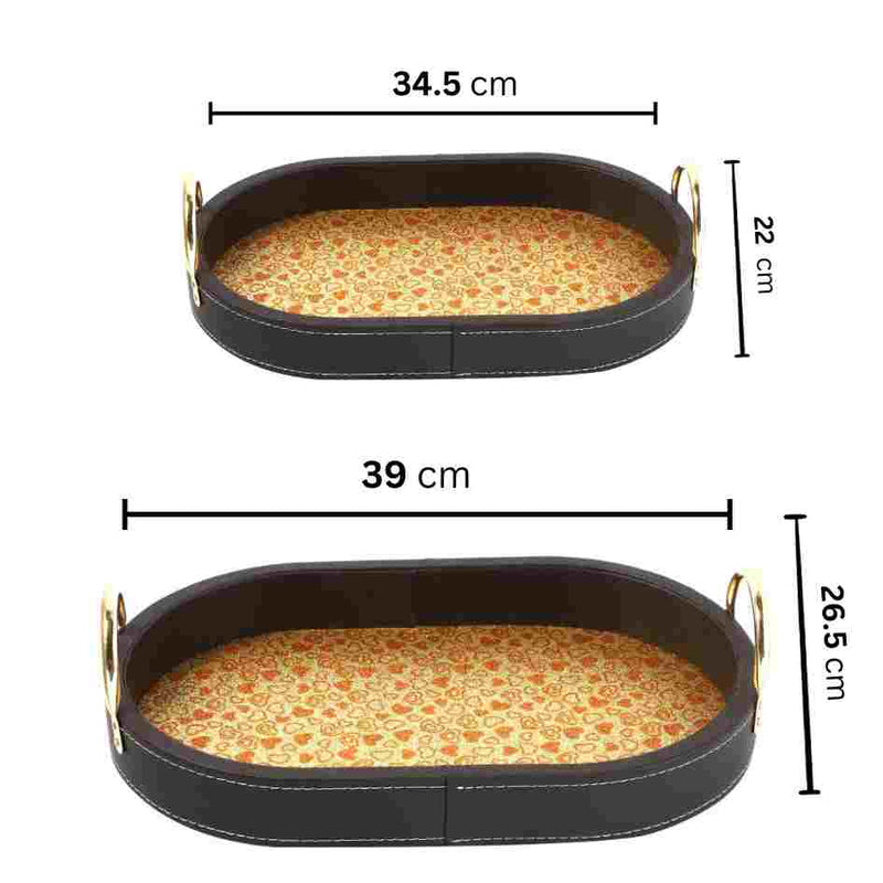 Deco Leather Oval Serving Tray Set of 2 Pcs Metal Handles 34.5*22/39*26.5 cm