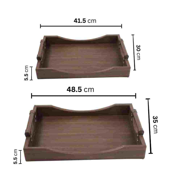 Deco Timber Pattern Rectangle Serving Tray Set of 2 Pcs Metal Handles 41.5*30*5.5/48.5*35*5.5 cm
