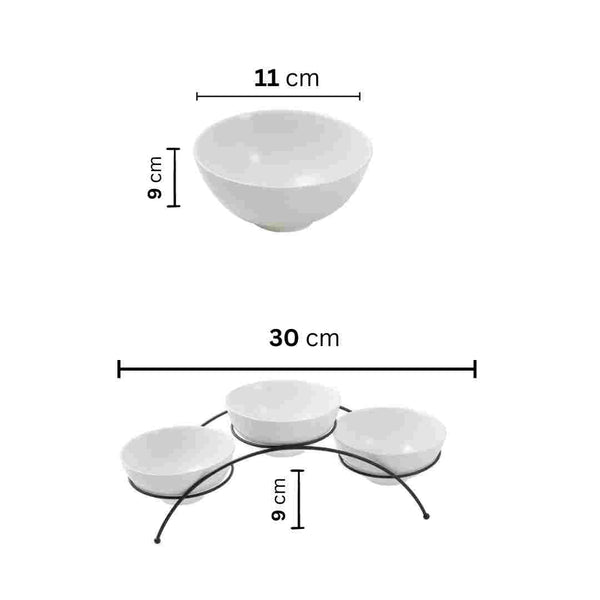 White Ceramic Dipping Bowl Set - 3 Pcs with Stand - Classic Homeware and Gifts