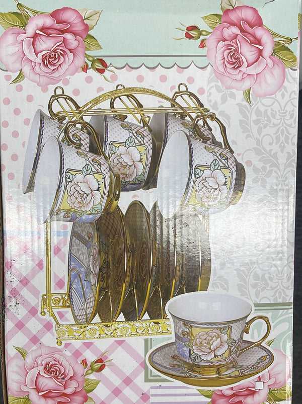 Ceramic Tea Cup and Saucer Set of 13 pcs Silver with Stand 220 ml