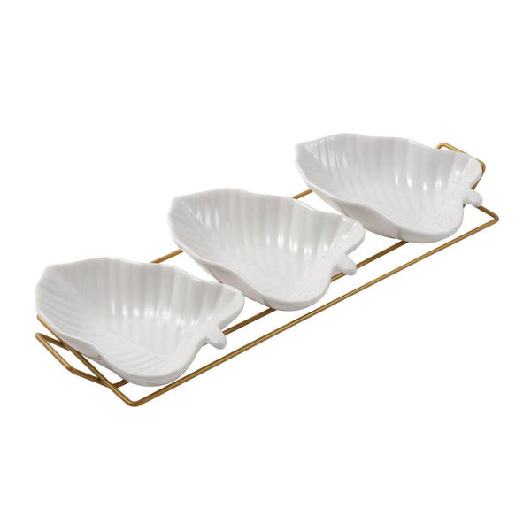 White Ceramic Serving Dipping Leaf Shape Snacks Fruits and Nuts Bowl 3 Pcs with Stand