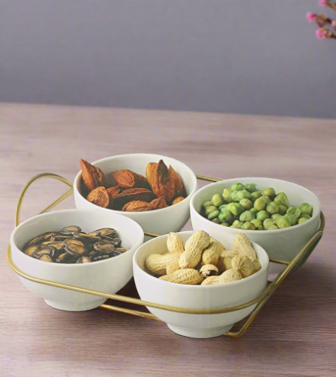 White Ceramic Serving Dipping Round Snacks Fruits and Nuts Bowl 4 Pcs with Stand 9 cm