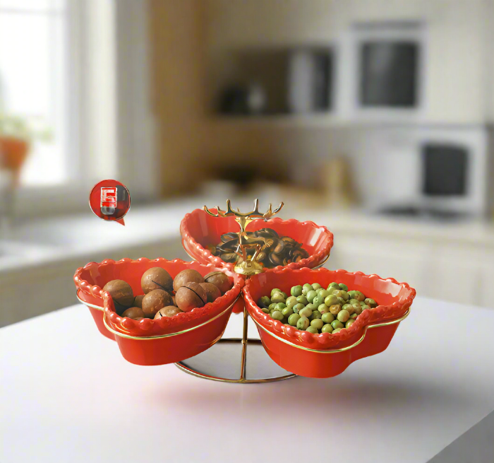 Red Ceramic Serving Dipping Heart Shape Snacks Fruits and Nuts Bowl 3 Pcs with Stand 13 cm