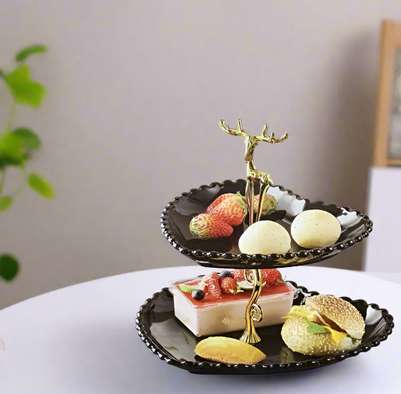 Bone China Black Ceramic Two Tier Cake Stand Fruit Platter 20/25 cm