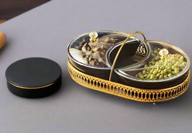 Black Ceramic Round Candy Box Snack Bowl Set With Lid Gold Stand