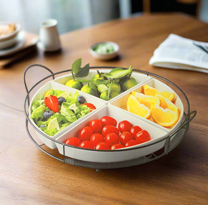 Ceramic Round Divided Appetizer Platter Fruits and Snack Plate 4 Compartment with Stand 37 cm