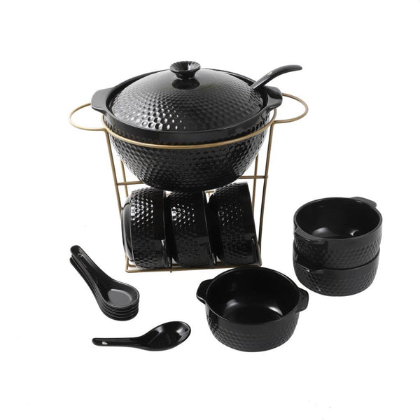 Black Ceramic Soup Tureen Casserole Dish Bowl Set of 16 Pcs with Stand