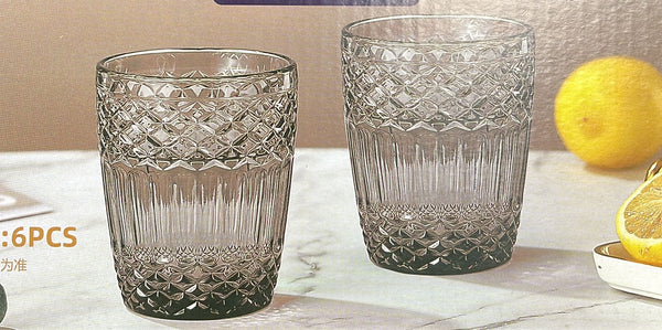 Engraved Pattern Grey Jewel Goblets Glass Drinking  Tumblers Set of 6 Pcs 300 ml