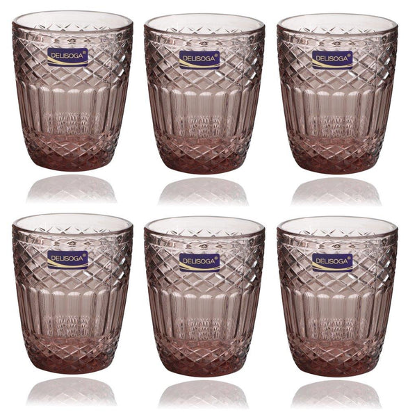 Engraved Pattern Pink Rose Diamond Goblets Glass Drinking  Tumblers Set of 6 Pcs 300 ml