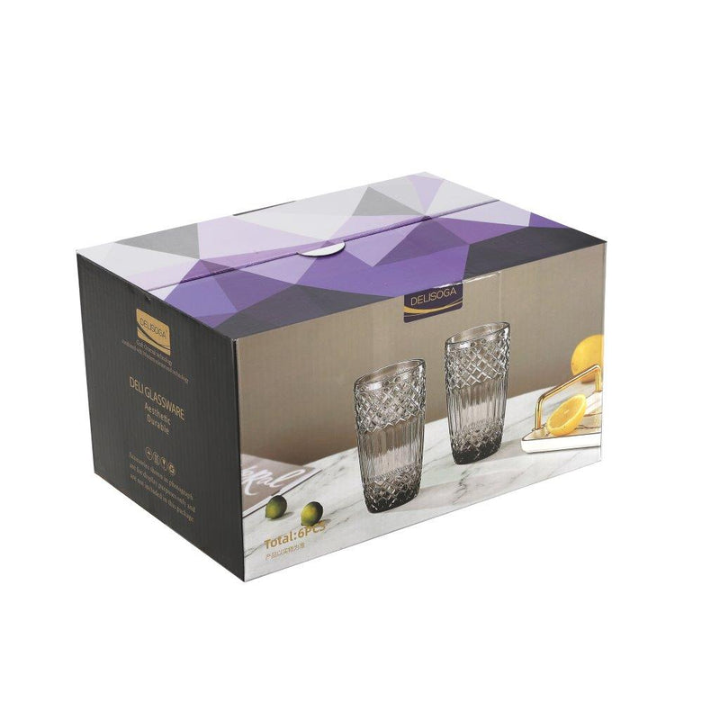 Engraved Pattern Grey Jewel Goblets Glass Drinking Tumblers Set of 6 Pcs 360 ml