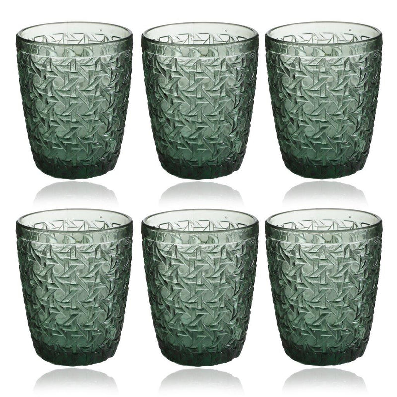 Engraved Pattern Forest Green Goblets Glass Drinking  Tumblers Set of 6 Pcs 350 ml