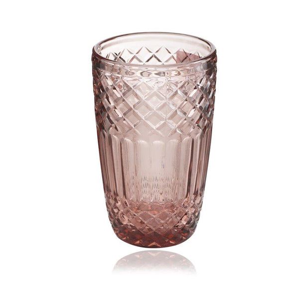 Engraved Pattern Pink Rose Jewel Goblets Glass Drinking Tumblers Set of 6 Pcs 350 ml
