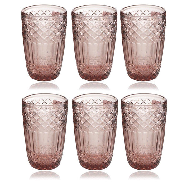 Engraved Pattern Pink Rose Jewel Goblets Glass Drinking  Tumblers Set of 6 Pcs 350 ml