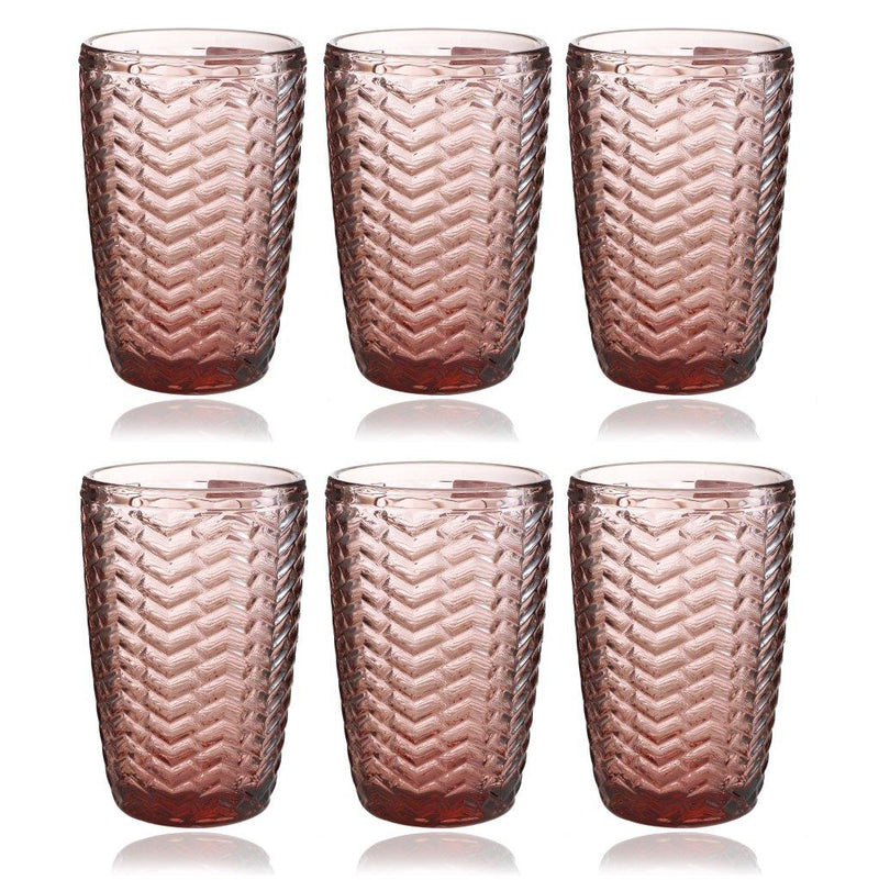 Engraved Pattern Pink Rose Chevron Goblets Glass Drinking Tumblers Set of 6 Pcs 300 ml