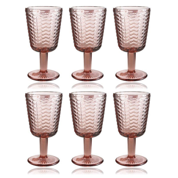 Multipurpose Engraved Chevron Pink Rose Footed Glass Tmblers Set of 6 Pcs 300 ml