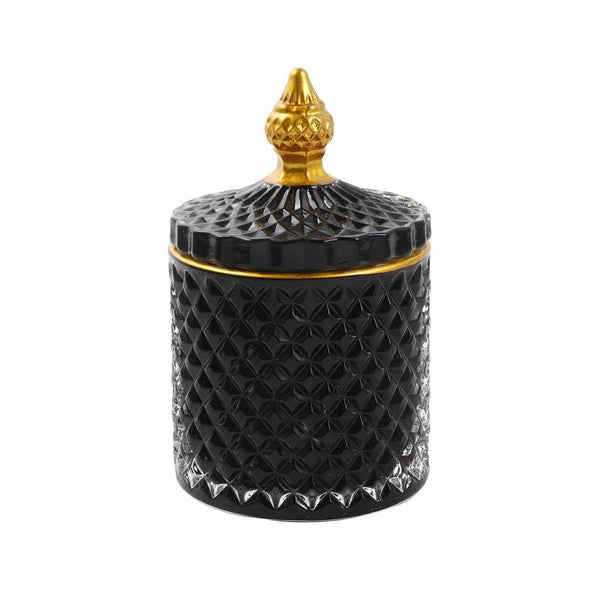 Crystal Glass Black Gold Rim Dome Shape Sugar Bowl Candy Jar with Lid R - 9cm ; H - 10 cm