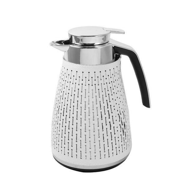 Vacuum Insulated Plastic Thermos Flask White Silver Leather Cover 1 Litre
