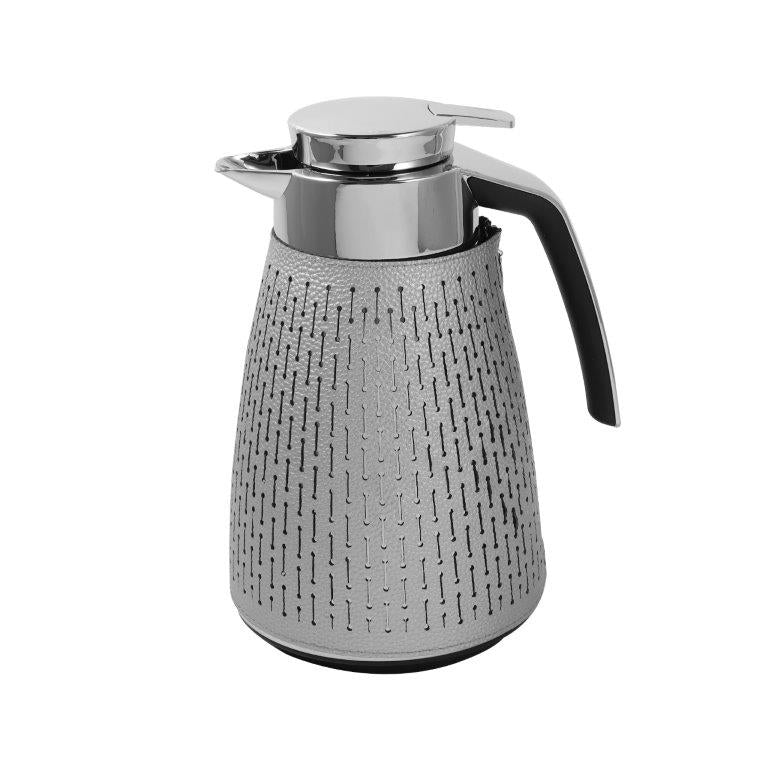 Vacuum Insulated Plastic Thermos Flask Grey Silver Leather Cover 1 Litre