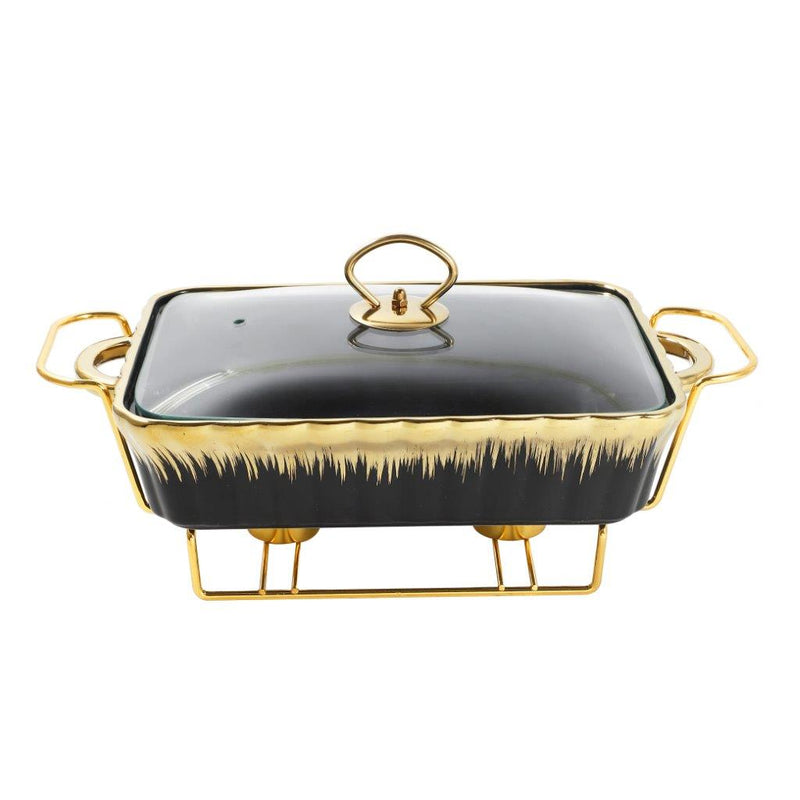 Rectangular Ceramic Chafing Dish Casserole Forest Green Glaze Design Buffet Warmer with Glass Lid 26.5*19*11.5 cm