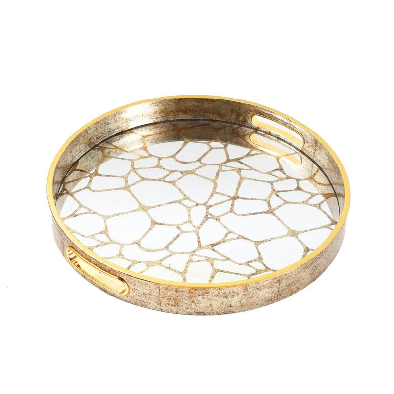 Deco Gold Round Mirror Base Mosaic Print Serving Tray Set of 2 Pcs 36/40 cm