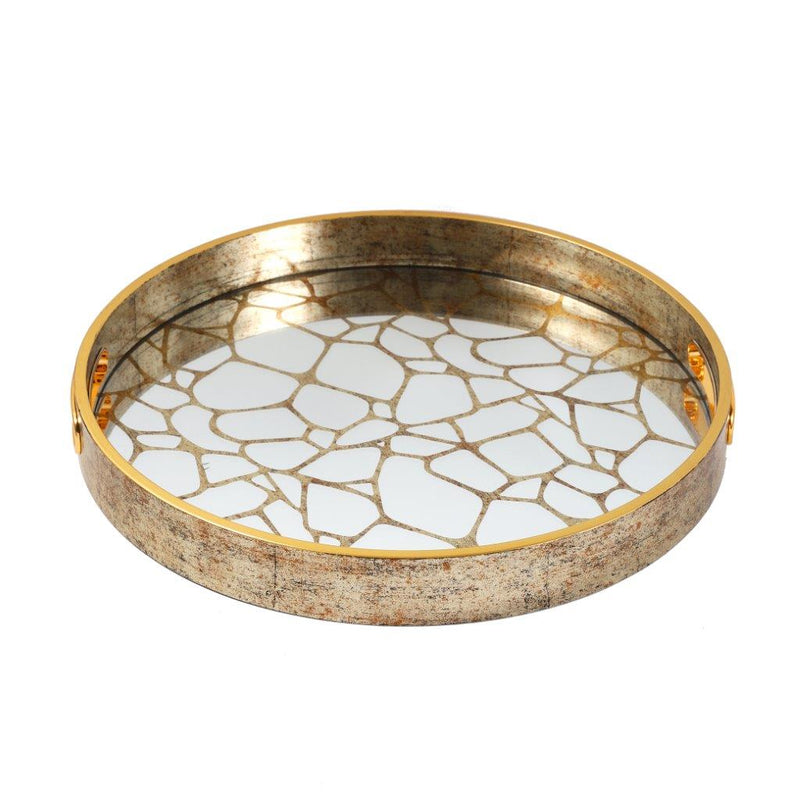 Deco Gold Round Mirror Base Mosaic Print Serving Tray Set of 2 Pcs 36/40 cm