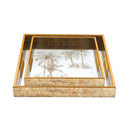 Deco Gold Square Mirror Base Palm Tree Print Serving Tray Set of 2 Pcs 37*37/34*34 cm