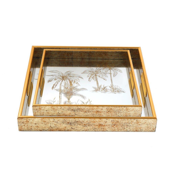 Deco Gold Square Mirror Base Palm Tree Print Serving Tray Set of 2 Pcs 37*37/34*34 cm