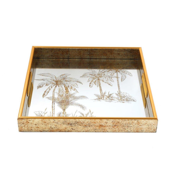 Deco Gold Square Mirror Base Palm Tree Print Serving Tray Set of 2 Pcs 37*37/34*34 cm