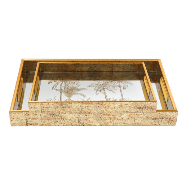 Deco Gold Square Mirror Base Palm Tree Print Serving Tray Set of 2 Pcs 40*25/45*30 cm h 4.5 cm