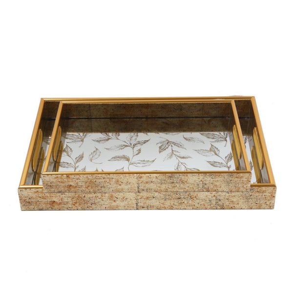 Deco Gold Square Mirror Base Leaf Print Serving Tray Set of 2 Pcs 40*25/45*30 cm h 4.5 cm