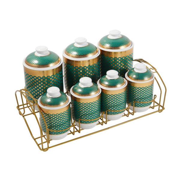 Ceramic Tea Coffee Sugar Spices Canister with Stand Set of 7 Pcs Green Gold 9.8*15.8/7.5*12.5 cm