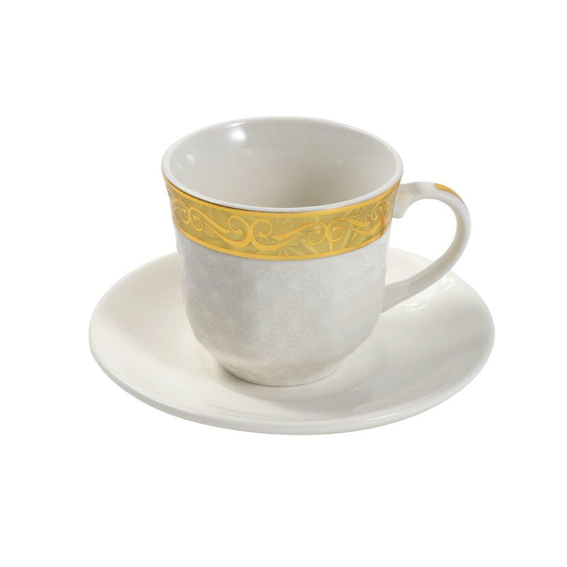 Ceramic Coffee Cup and Saucer Set of 6 pcs White Gold Rim Design 90 ml