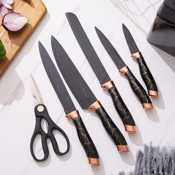 Premium Quality Stainless Steel Chef Kitchen Knife Set of 7 Pcs With Knife Stand Black Marble Coating 33 cm