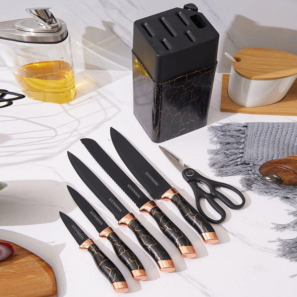 Premium Quality Stainless Steel Chef Kitchen Knife Set of 7 Pcs With Knife Stand Black Marble Coating 33 cm