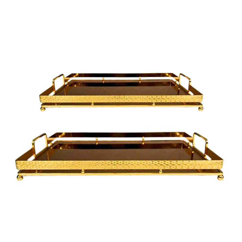 Deco Gold Rectangle Mirror Base Serving Tray Set of 2 Pcs 30*40, 22*36 cm