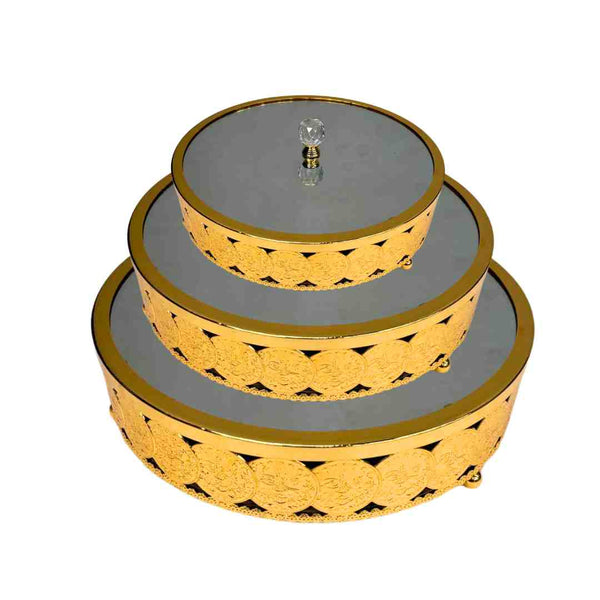 Deco Round Metal Gold Mirror Cookie Tray Cake Stand Set of 3 Pcs 24.5*2, 20*2, 16.5*2 cm