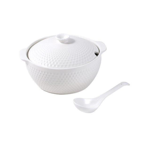 Bone China White Ceramic Tureen Soup Serving Dish and Bowl with Spoon Set