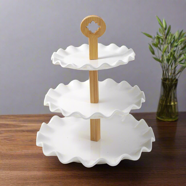 Leaf Shaped Ceramic Cake Stand Fruit Platter with Bamboo Stand 16.5x24x29 cm